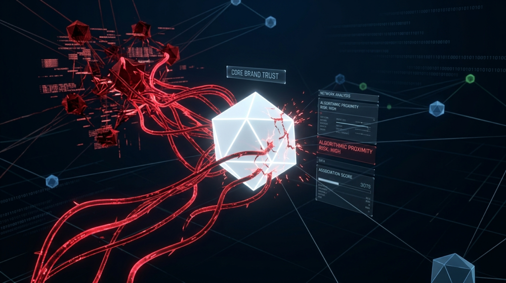 Social Media’s “Tobacco Moment” is Here. Is Generative AI Next? Alt Text: A 3D data visualization interface showing a glowing digital node labeled Core Brand Trust being targeted by red malicious network nodes, with a warning screen reading Algorithmic Proximity Risk: High.