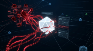 Alt Text: A 3D data visualization interface showing a glowing digital node labeled Core Brand Trust being targeted by red malicious network nodes, with a warning screen reading Algorithmic Proximity Risk: High.